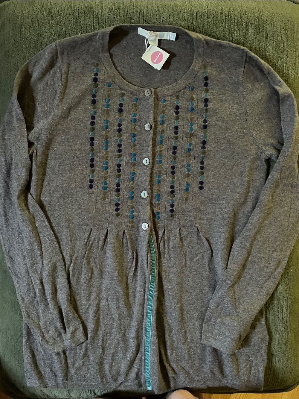 Boden Gray Cardigan with Teal and Navy Dot Detail